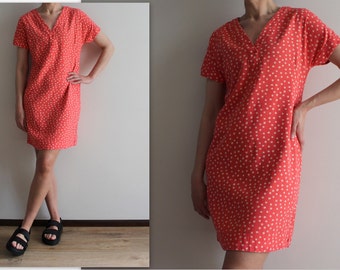 Linen Blend Dress Coral Polka Dot Dress Shift Dress Mini Dress Summer Dress V-Neck Short Sleeve Raglan Sleeve Dress