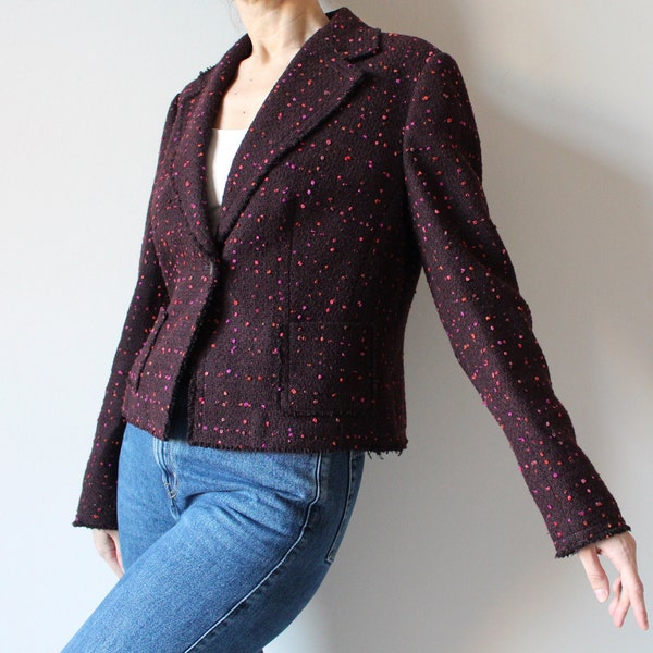 Marsala Blazer Women's Tweed Jacket Wool Blend Jacket Elegant Blazer Loose Fit Blazer Textured Jacket Fringed Collared Blazer Large Size