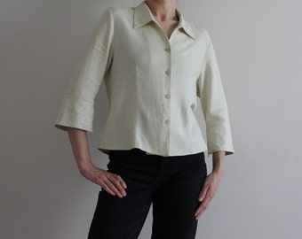 Women's Beige Shirt Linen Blend Blouse 3/4 Sleeve Blouse Embroidered Blouse Large Size