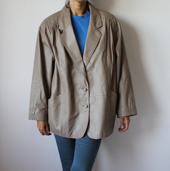 Vintage 80s Leather Jacket Beige Leather Jacket Wo