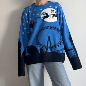 Light-Up London Skyline Ugly Christmas Sweater - Blue Acrylic XXL