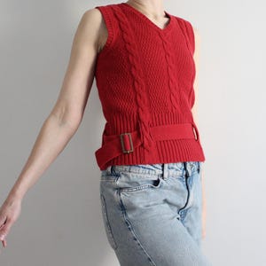 Tommy Hilfiger Red Cable Knit Sweater Vest | Wool Blend Vintage Sleeveless V-Neck Vest | Adjustable Waist | Y2K Preppy Style