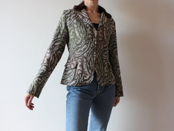 Tapestry Jacket Fur Collar Jacket Jacquard Jacket Beige Green Brown Jacket Zipped