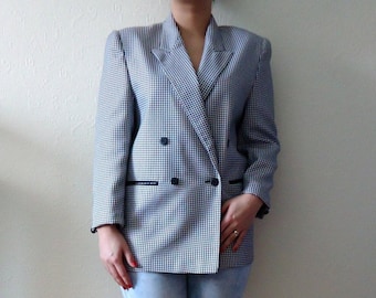 Vintage 90s Blazer Houndstooth Jacket Womens Vintage Jacket Black and White Checkered Blazer Padded Shoulders Double Breasted Large Size