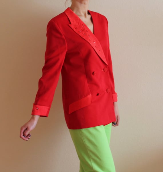 Bright Red Blazer Women's Vintage Jacket 80s 90s Blazer Double Breasted Blazer Red Jacket with Stones Asymmetrical Collar