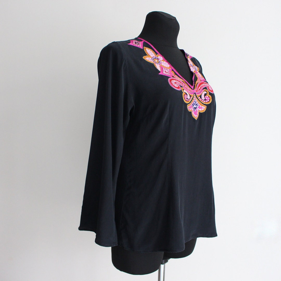 Black Cotton Hand-Embroidered Top for Women – Boho Floral Tunic with 3/4 Bell Sleeves