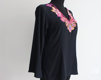 Black Silk Blouse Women's Silk Top Embroidery Beaded Blouse Boho Chic Blouse V Neck 3/4 Bell Sleeve Sequin Flower S/M Size