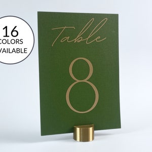 Brass table number holder in a circular holding a green 5x7 inch sign with the words "table eight".