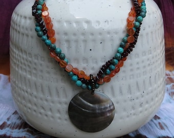Natural Shell, Turquoise, Garnet, & Carnelian Necklace