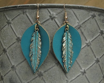 Feather on Leather Dangle Earrings