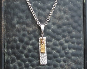 Hammered Rectangle Silver Plated Pendant Necklace Sterling Silver Plated Chain