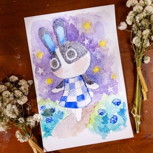 May include: Watercolour painting of a black and white rabbit with blue ears and a blue and white checked dress. The rabbit is standing in a field of blue flowers with a purple and blue starry sky in the background.