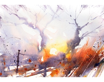 First Light Semi-Abstract Watercolour Landscape Painting, Loose Expressive Watercolour Art, Colourful Contemporary art.