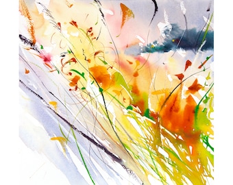 Summer Grasses Semi-Abstract Watercolour Landscape Painting, Loose Expressive Watercolour Art, Colourful Contemporary art.