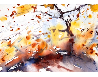 Autumn Trees #5, Watercolour Autumn Landscape Painting, Loose Expressive Watercolour Art, Colourful Contemporary art.