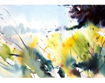 Spring Meadow Semi-Abstract Watercolour Landscape Painting, Loose Expressive Watercolour Art, Colourful Contemporary art.