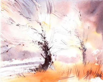 Winter Storm Semi-Abstract Watercolour Landscape Painting, Loose Expressive Watercolour Art, Colourful Contemporary art.