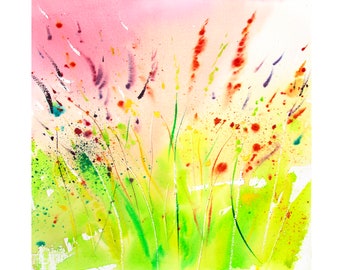 Wild Summer Grasses Semi-Abstract Watercolour Landscape Painting, Loose Expressive Watercolour Art, Colourful Contemporary art.