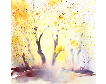 Autumn Trees & Light #1 Semi-Abstract Watercolour Landscape Painting, Loose Expressive Watercolour Art, Colourful Contemporary art.