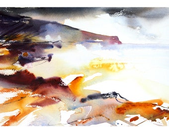 Skinningrove Beach #2 Watercolour Seascape Painting, Loose Expressive Watercolour Art, Colourful Contemporary art, North Yorkshire Coast.