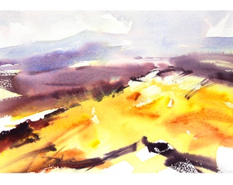 Yorkshire Moorland #2 Semi-Abstract Watercolour Landscape Painting, Loose Expressive Watercolour Art, Colourful Contemporary art.