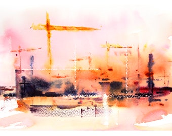 Under Construction Watercolour Cityscape Painting, Loose Expressive Watercolour Art, Colourful Contemporary art.