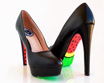 High Heel Shoes - Watermelon Design - Hand Painted Heels - Black Platform Heels - Custom Heels - High Heels