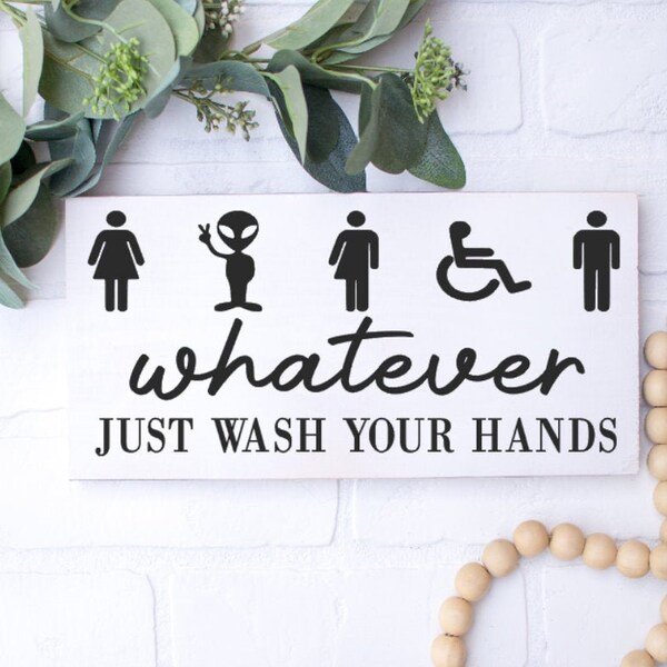 whatever just wash your hands - funny bathroom decor - wood sign - bathroom shelf -