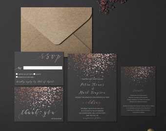 Dark Gray and Rose Gold Wedding Invitation Set | Dark Wedding Invites, Rose Gold and Charcoal Gray Wedding Stationery, Printable Suite