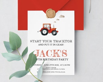 Winter Birthday Invite Printable Birthday Party Invitation Red Tractor Editable Invitation Tractor Birthday Invite Red Green Plaid Corjl
