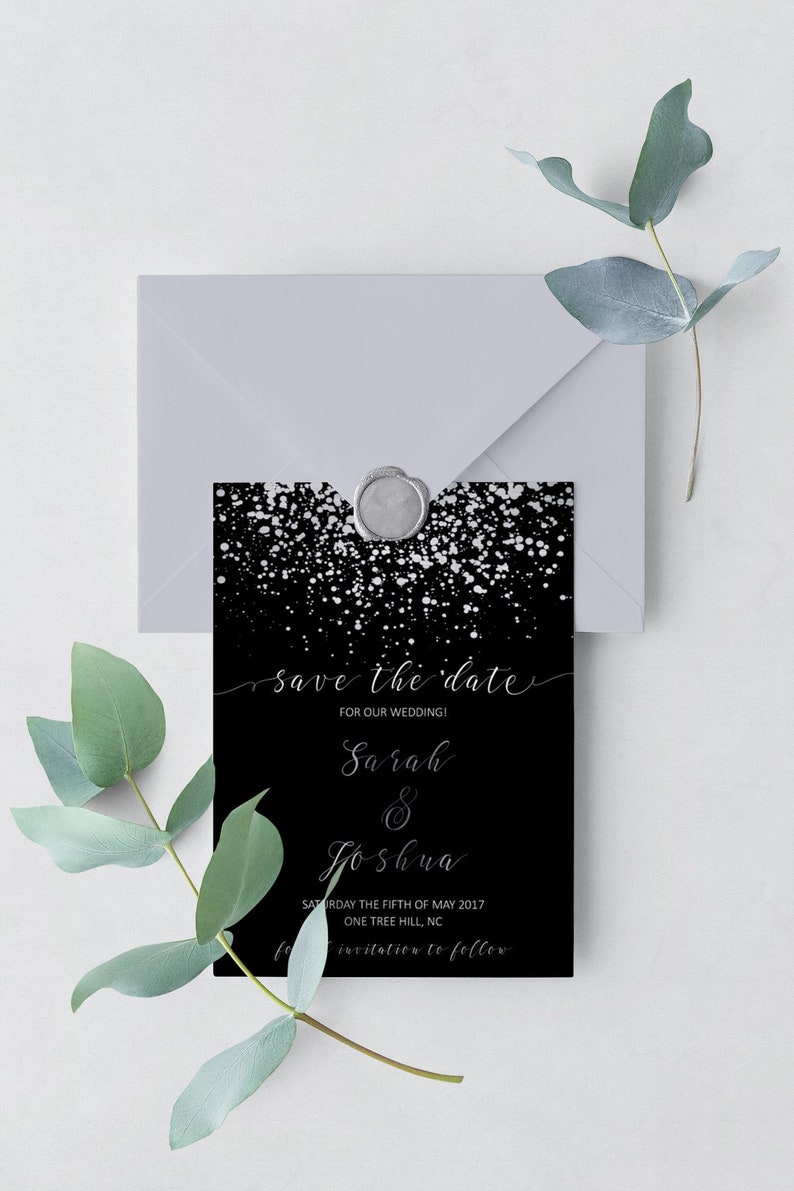 Black Wedding Invitations, Elegant Save the Date, Printable Wedding Cards, Silver...