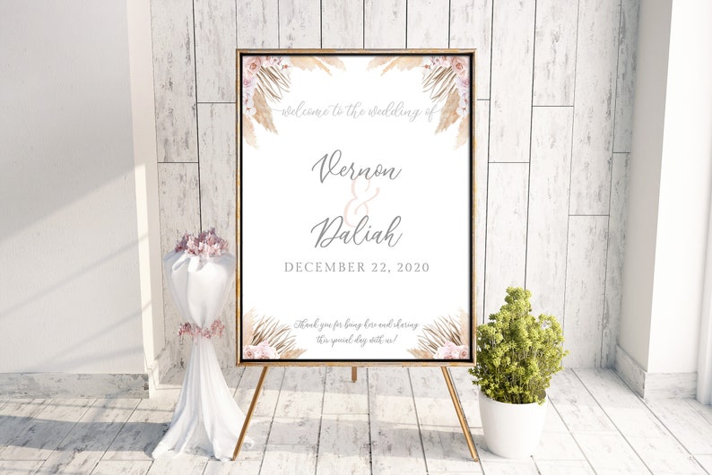 Pampas Grass Wedding Welcome Hawaii Desert Dried Palm Leaves Reception Sign 4 sizes Welcome Poster Boho Welcome Sign Template Templett