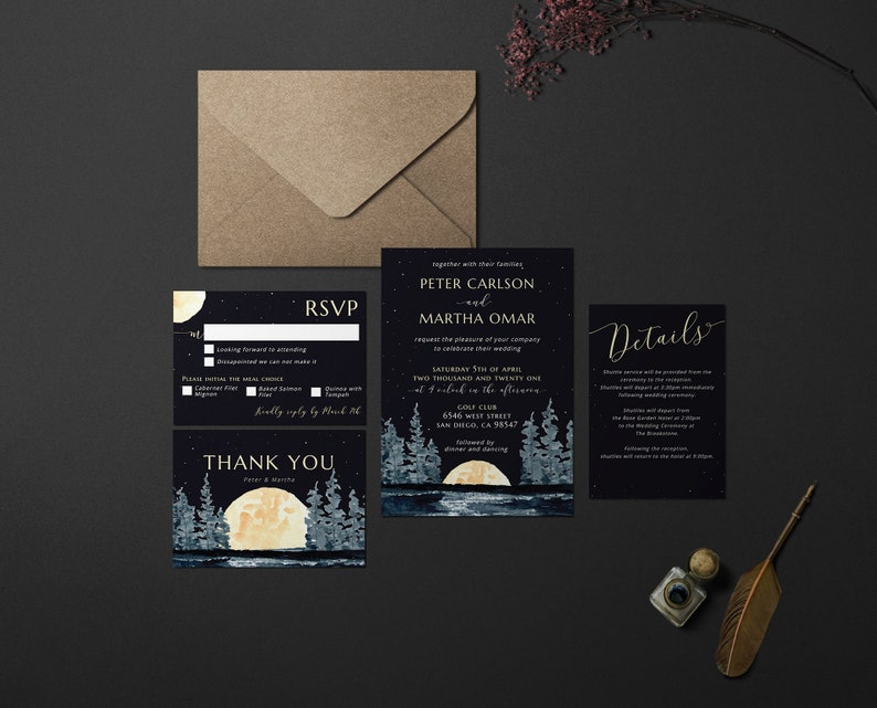 Rustic Destination Wedding Invite Suite Night Sky Lake Wedding Invitation Template Watercolor Lakeside Editable Forest Wedding Set