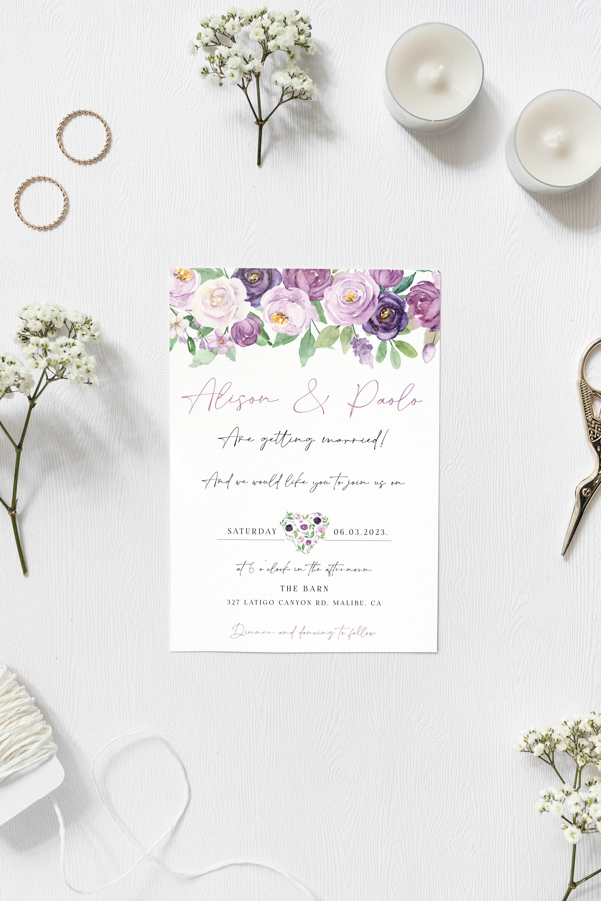 Purple Wedding Invite. Printable Template. Purple Flowers - Etsy