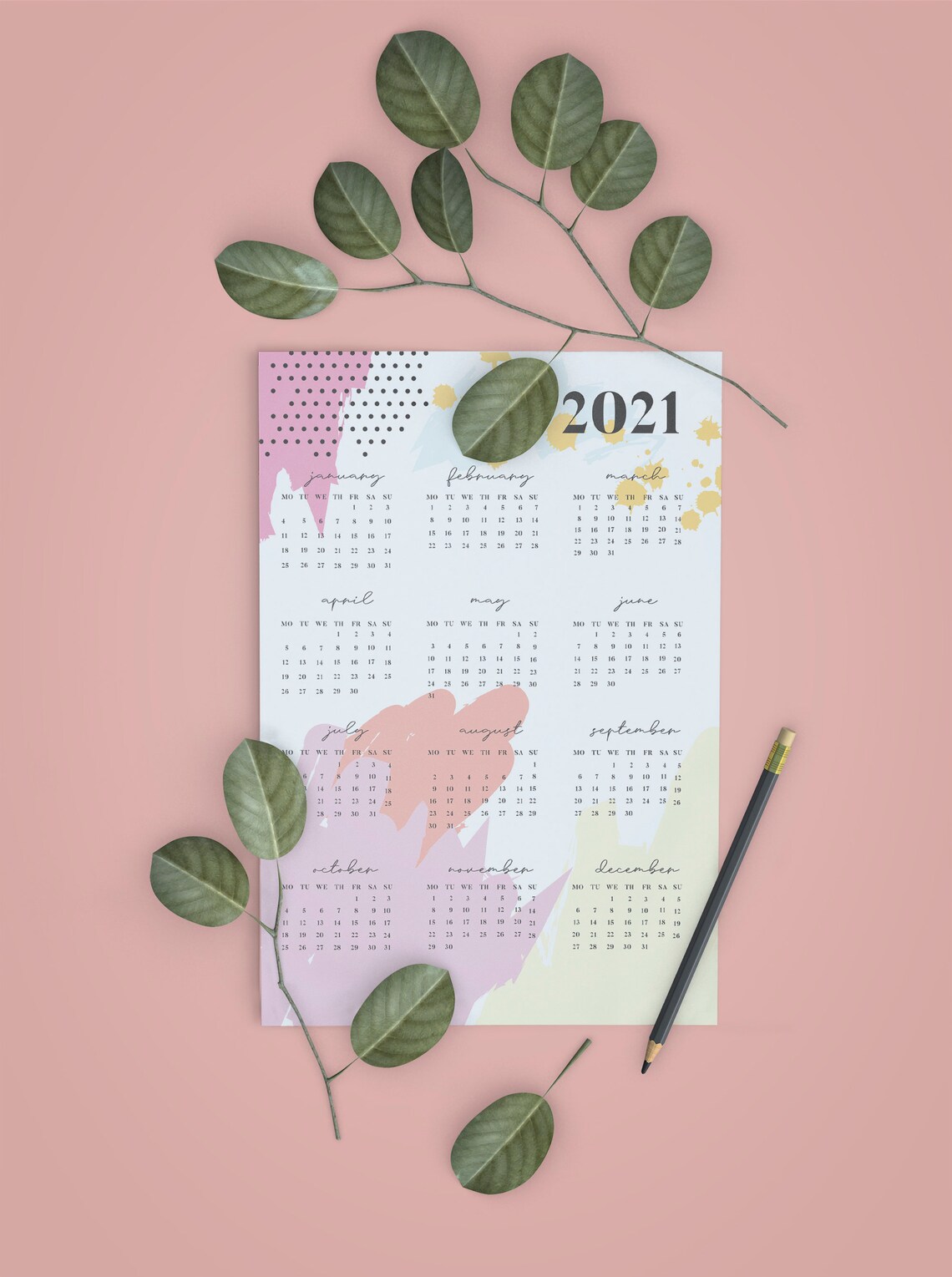 Printable Watercolor 2021 Wall Calendar Colorful Abstract Etsy