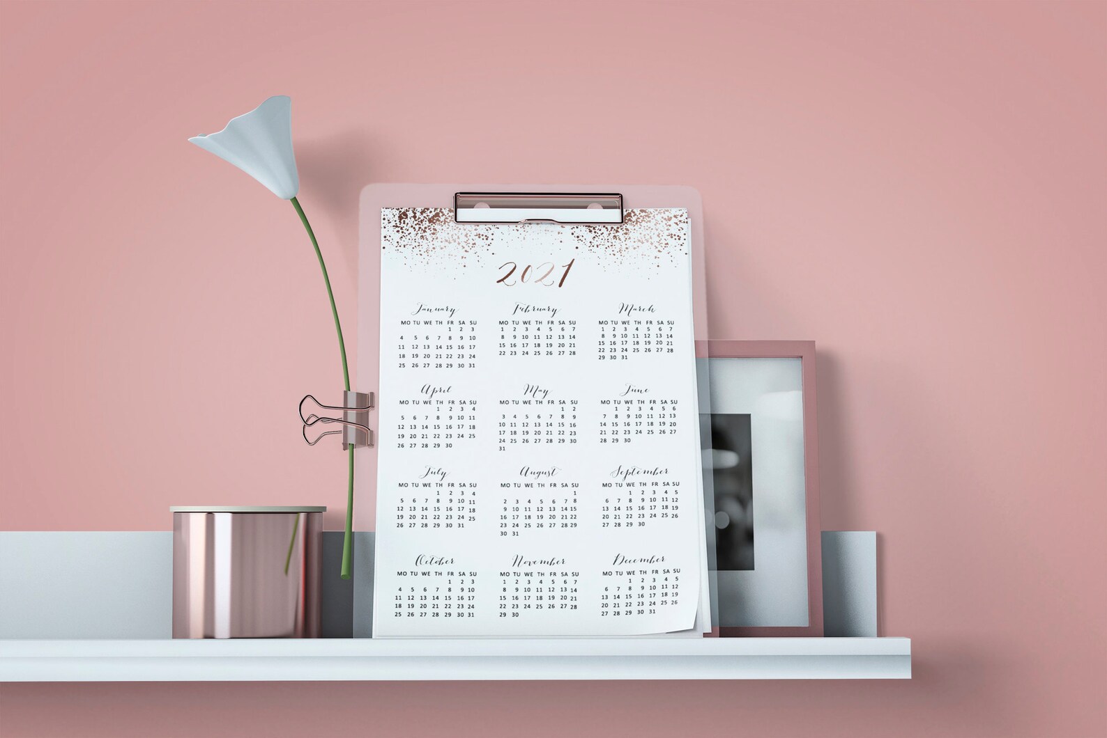 Rose Gold 2021 Wall Calendar Printable 2021 Yearly Calendar Etsy