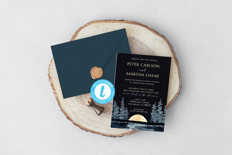 Rustic Destination Wedding Invite Suite Night Sky Lake Wedding Invitation Template Watercolor Lakeside Editable Forest Wedding Set