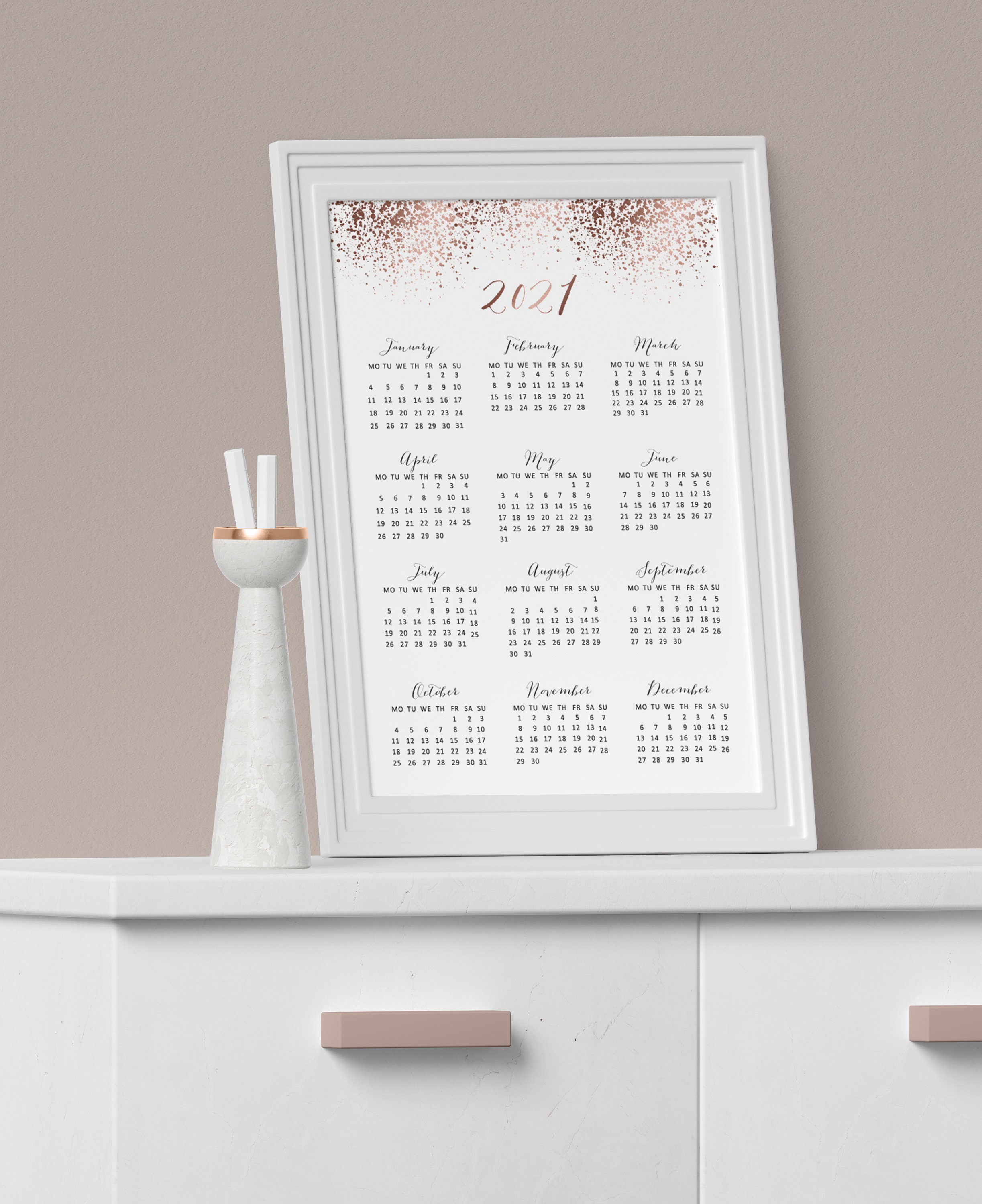 Rose Gold 2021 Wall Calendar Printable 2021 Yearly Calendar Etsy