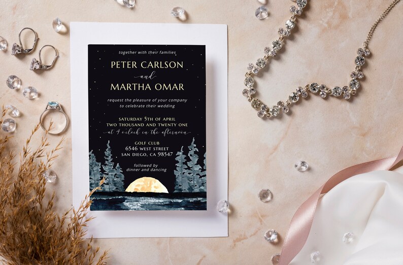 Rustic Destination Wedding Invite Suite Night Sky Lake Wedding Invitation Template Watercolor Lakeside Editable Forest Wedding Set