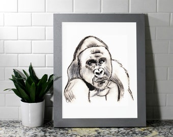 Gorilla Sketch Art, Print of Original Charcoal Pencil Illustration, Gorilla Art Print, 8x10 print