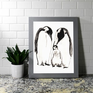Art de croquis de pingouins, impression d&#39;illustration originale de crayon de fusain, impression d&#39;art de pingouins, impression 8 x 10