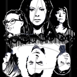 Puede incluir: Ilustración en blanco y negro de cinco personas. La fila superior presenta tres mujeres con cabello largo, y la fila inferior presenta dos hombres. Las mujeres miran directamente al espectador, mientras que los hombres miran hacia arriba.