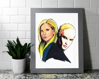 Buffy & Spike, Buffy the Vampire Slayer TV show, BtVS, Sarah Michelle Gellar, James Marsters, Original Watercolor Print, 8x10, 8.5x11, 11x14