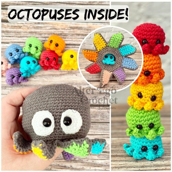 SANS COUTURE (sauf les yeux) - motif surprise au crochet amigurumi de pieuvre, ensemble de jeu, jouet interactif, jouet à empiler, calmar, maman et bébé pieuvre