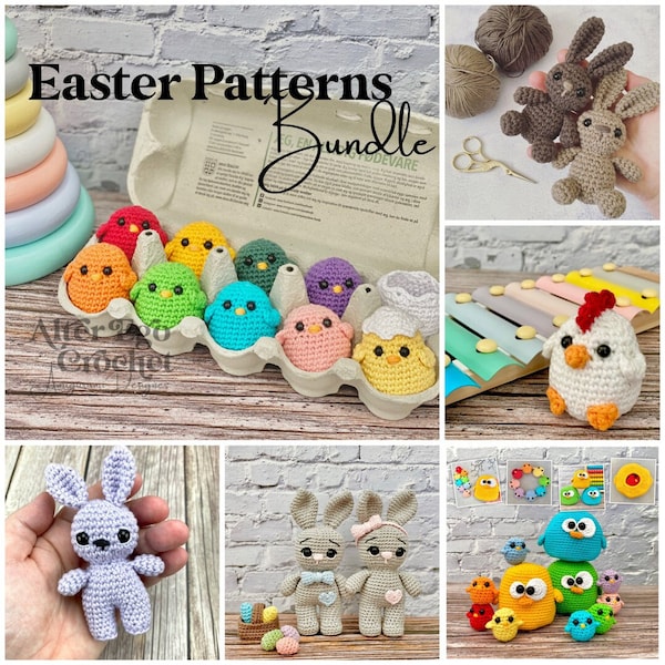 Easter patterns crochet amigurumi bundle, pack, bunny, bunnies, chick, chicken, easter egg, basket, hare, rooster, surprise, påske opskrift