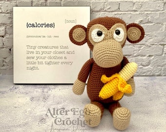 Monkey amigurumi crochet pattern, gorilla, primate, chimp, chimpanzee orangutang, baboo, monkey with banana, ape, hæklet abe, PDF download