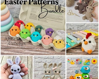 Easter patterns crochet amigurumi bundle, pack, bunny, bunnies, chick, chicken, easter egg, basket, hare, rooster, surprise, påske opskrift