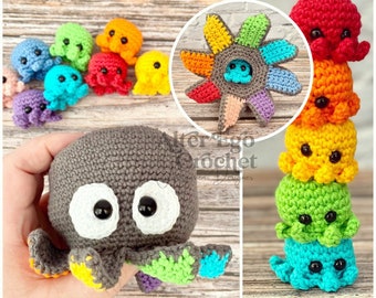 NO SEW (except the eyes) - octopus amigurumi crochet surprise pattern, playset, interactive toy, stacking toy, squid, mom and baby octopus