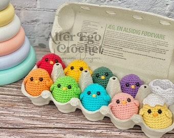 Crochet amigurumi chicken in egg pattern, easter, easter egg, chick, chubby chicks, hen, bird, kawaii, hæklet kylling, instant PDF-download