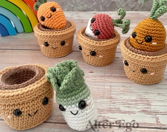 NO COSER Verduras en macetas paquete de patrón de ganchillo amigurumi, zanahoria, puerro, patata, rábano, verduras, chirivía, fruta, comida, plantas, juego de juguetes